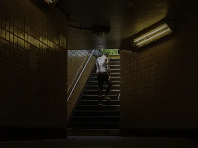 A man exits the Euclid Avenue stop in Brooklyn.