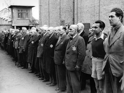 Jews wearing yellow stars at the&nbsp;Kistarcsa concentration camp in Hungary in 1944