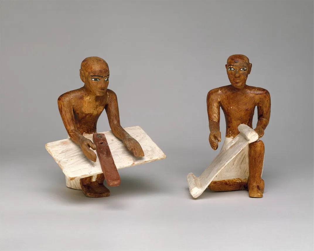 Scribe statuettes from a model granary found in the tomb of the Egyptian nobleman Meketre