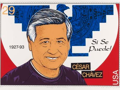 Portrait of Cesar Chavez in the style of a U.S. postage stamp