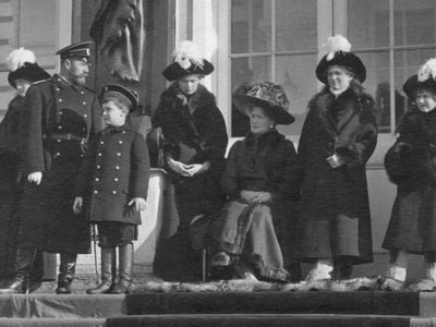 The Russian Imperial Family on the steps of the Catherine Palace