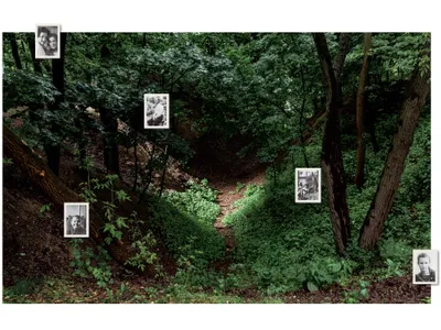 Babyn Yar, outside Kyiv, where 33,771 Jews were killed over two days in September 1941. The small portraits show unidentified Ukrainians, likely Jews, before the war.