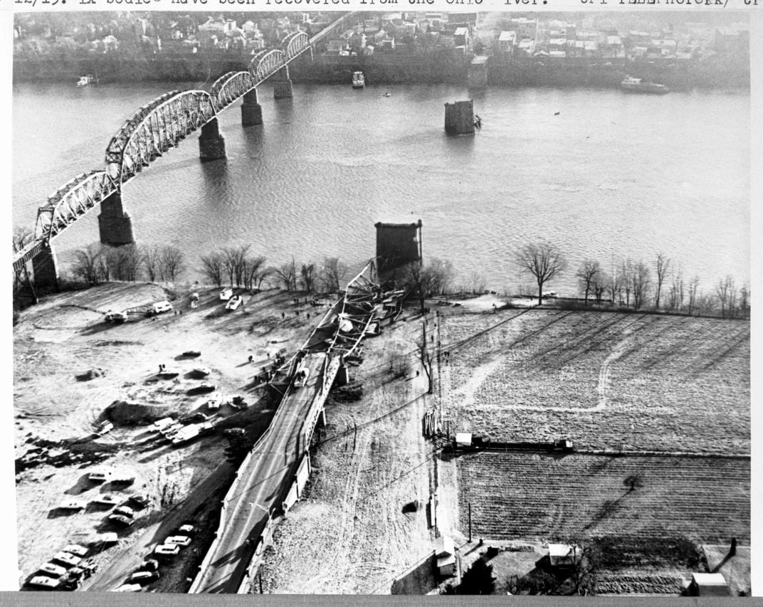 An aerial photo of the Silver Bridge following its collapse in December 1967