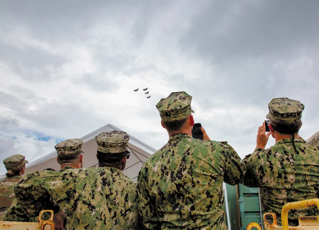 A ceremony in Palau honoring the Avenger’s crew. A flyover of F-35s followed the route of Manown’s final flight, symbolically completing the mission.