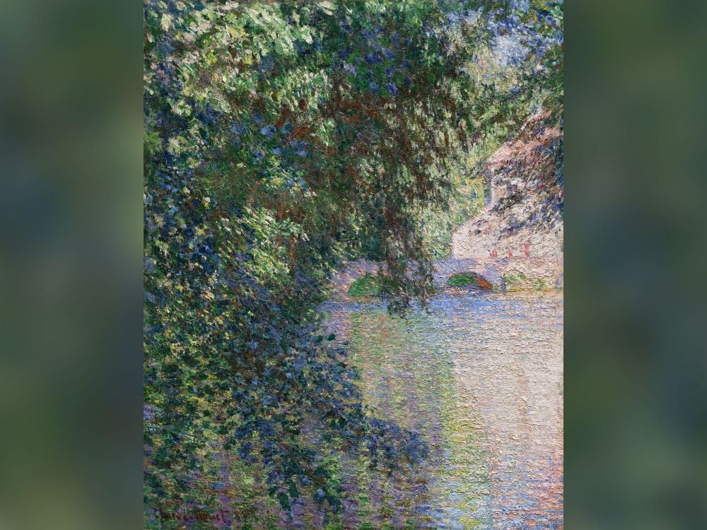 Impressionist painting of water's edge and green tree