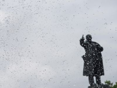 A 35-foot-tall statue of Lenin speechifying from atop an armored car stands outside Finland Station in St. Petersburg.