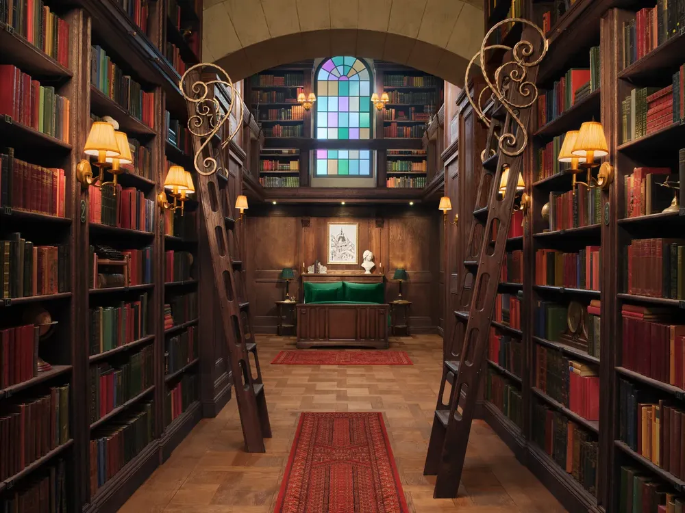 Row of library shelves with a bed in the background