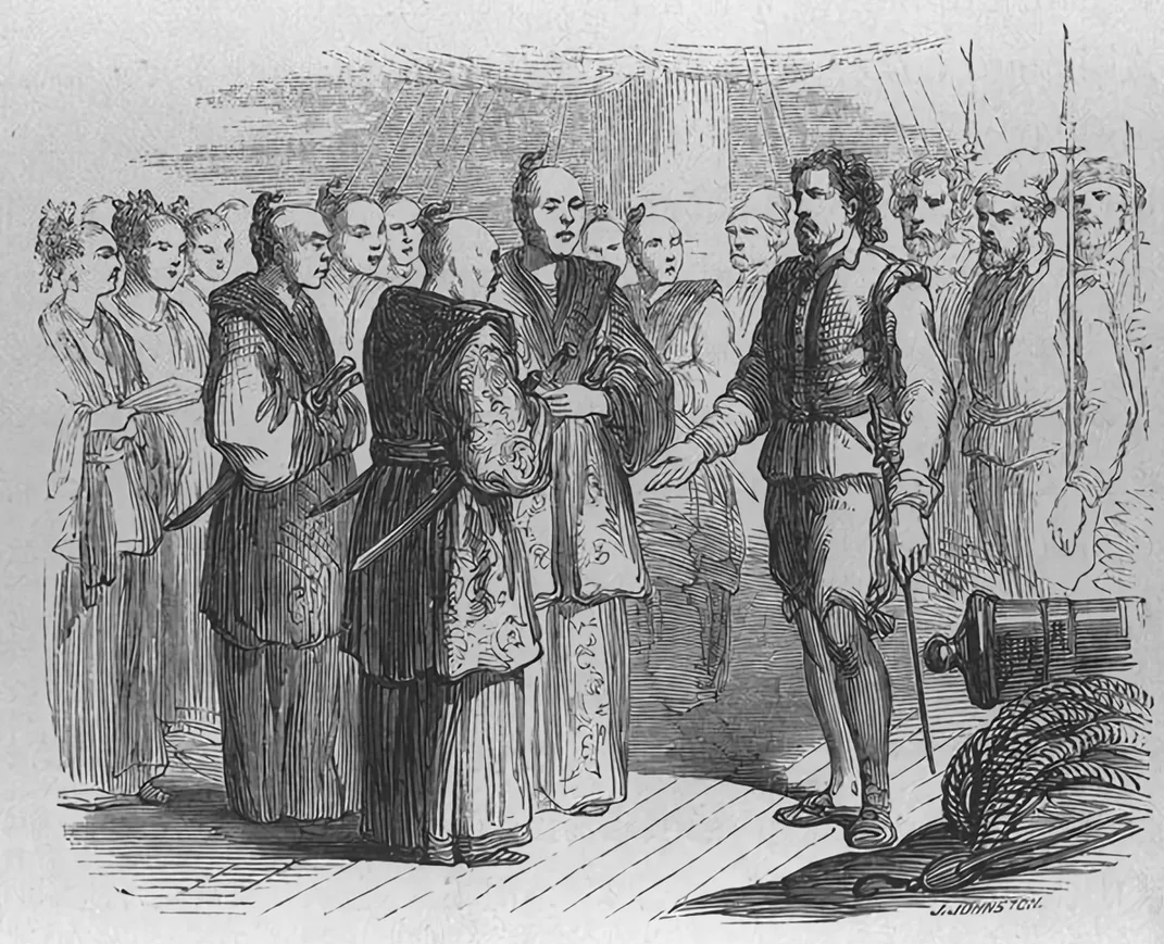 A 19th-century illustration of Adams meeting several Japanese daimyo